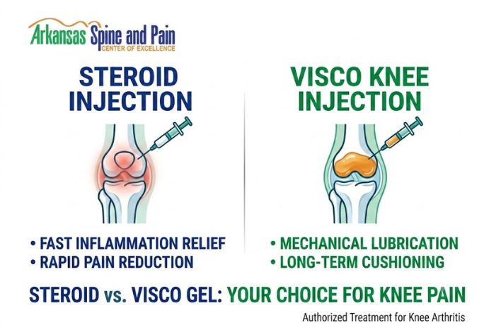 Discover the differences between steroid and visco knee injections. Learn how cortisone calms inflammation quickly while visco gel provides long-term joint lubrication.