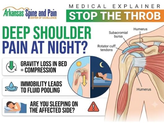 Discover why shoulder pain worsens when lying down. Learn about bursitis, rotator cuff tears, fluid pooling, and non-surgical relief options.