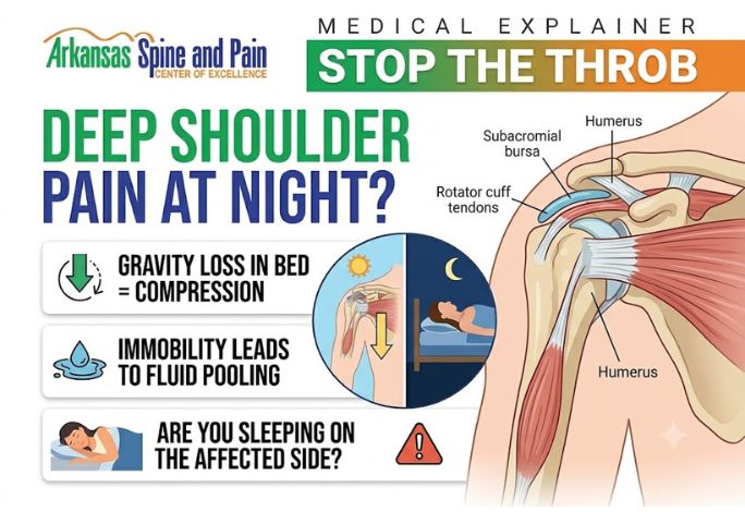 Discover why shoulder pain worsens when lying down. Learn about bursitis, rotator cuff tears, fluid pooling, and non-surgical relief options.